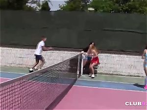 four ultra-kinky teenagers deep-throat and nail on tennis court
