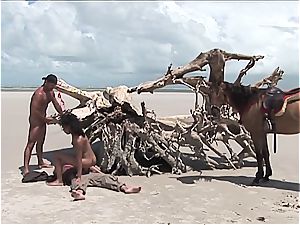 mischievous mexican nymph gets 2 jizz-shotguns on the beach